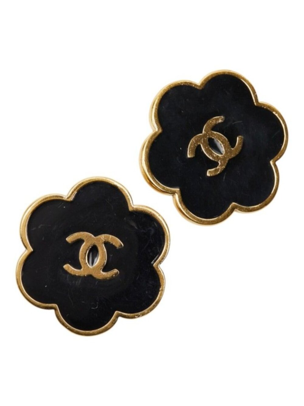 Chanel CC Logo Flower Motif Earrings Black Gold Plated